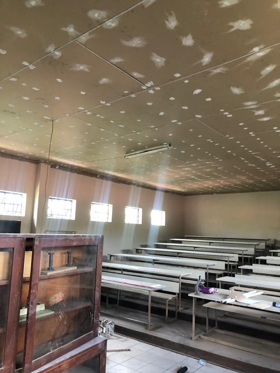 Classroom ceiling being prepared for repair and finishing